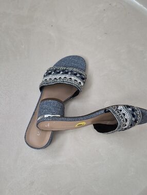 London Fog Blue Embellished Slip-On Block Heel Mules